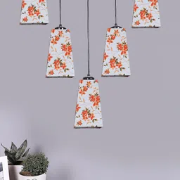 Devansh White & Red Cotton Pyramid Quintuple Hanging Lamp-image-85