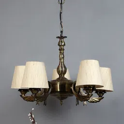 Devansh Off-White & Gold-Toned Conical Khadi Cotton 5 Lamp Shades Chandelier-23