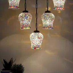 Devansh White & Blue Textured Glass Quintuple Hanging Lamp-53