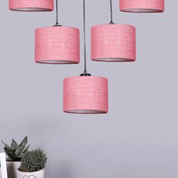Devansh Pink Jute Round Drum Quintuple Hanging Pendant Lamp-3