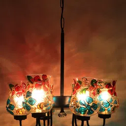 Devansh Red & Blue Mosaic Design Glass 6 Shades Chandelier-image-26