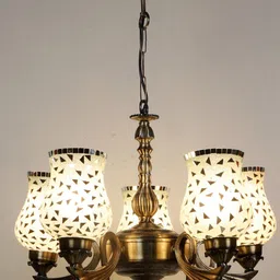 Devansh Silver-Toned & Gold-Toned Mosaic Glasses Shade 5 Lamps Chandelier-15
