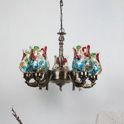 Devansh Transparent & Gold-Toned Mosiac Printed Glass Chandelier Ceiling Lamp-31