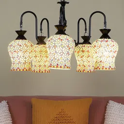 MFD HOME FURNISHING Black & White Mosaic Design Metal Chandelier With 6 Glass Lights-51