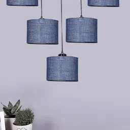 Devansh Blue & Black Jute Round Drum Quintuple Hanging Pendant Lamp-13