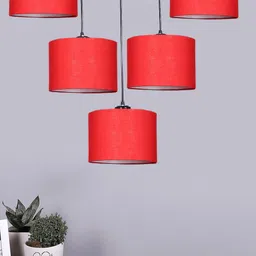 Devansh Red Cotton  Round Drum Quintuple Cluster Hanging Lamp-38