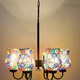 Devansh White & Red Mosaic Design Glass 6 Shades Chandelier-20
