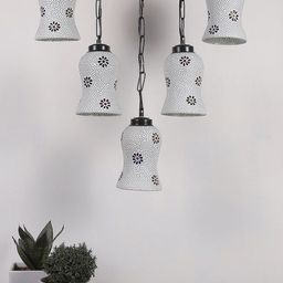Devansh White & Blue Textured Glass Quintuple Hanging Lamp-56