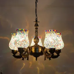 Devansh White & Gold-Toned Mosaic Design Glasses 5 Lamp Shades Chandelier-12