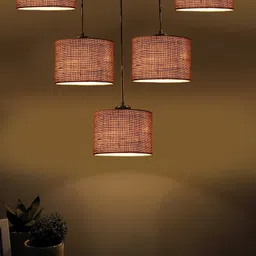 Devansh Beige Jute Round Drum Quintuple Cluster Hanging Lamp-19