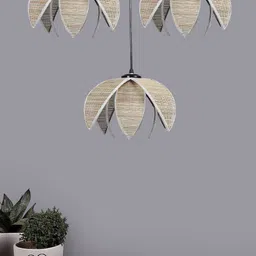 Devansh Beige & Black Textured Cluster 3 Floral Shaped Hanging Lamps With Bamboo Shades-20