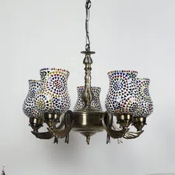 Devansh White & Gold-Toned Mosaic Design Glasses 5 Lamp Shades Chandelier-33
