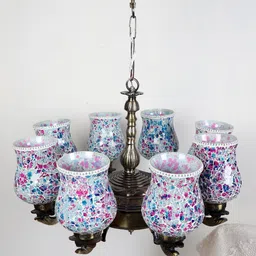 Devansh White & Pink Mosaic Design Glass 8 Shades Chandelier-52