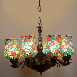 Devansh White & Red Mosaic Design Glass 8 Shades Chandelier-15