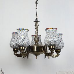 Devansh White & Gold-Toned Mosaic Printed Glass Chandelier Ceiling Lamp-46