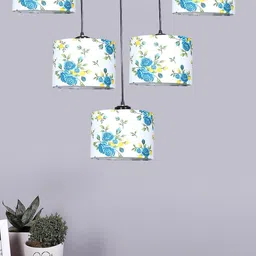 Devansh White & Blue Cotton Round Drum Quintuple Cluster Hanging Lamp-44