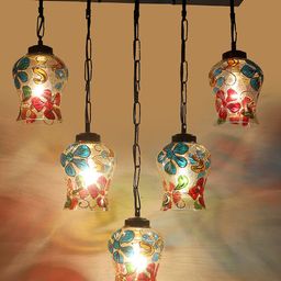 Devansh Black & Blue Mosaic Design Quintuple Glass Hanging Lamp-49