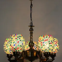 Devansh White & Gold-Toned Mosaic Printed Glass Chandelier Ceiling Lamp-22