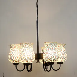 Devansh White & Red Mosaic Design Glass 6 Shades Chandelier-13
