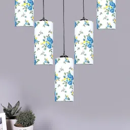 Devansh White & Blue Floral Printed Cylindrical Quintuple Cluster Hanging Lamps-picture-15