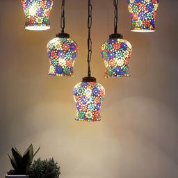 Devansh White & Blue Textured Glass Quintuple Hanging Lamp-30