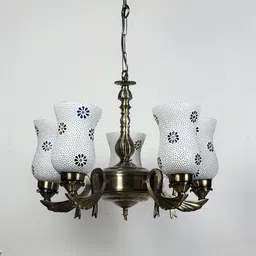 Devansh White & Gold-Toned Mosaic Design Glasses 5 Lamp Shades Chandelier-56