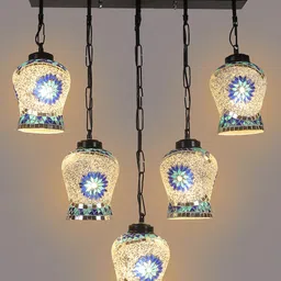 Devansh Black & White Mosaic Design Quintuple Glass Hanging Lamp-54