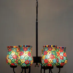 Devansh White & Red Mosaic Design Glass 6 Shades Chandelier-12