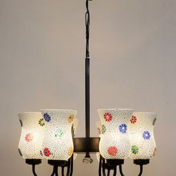 Devansh White & Red Mosaic Design Glass 6 Shades Chandelier-image-88