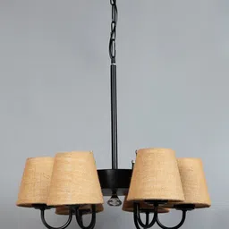 Devansh Beige & Black Textured Jute 6 Lamp Shades Chandelier-7