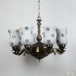 Devansh White & Green Mosaic Design Glass 8 Shades Chandelier-29