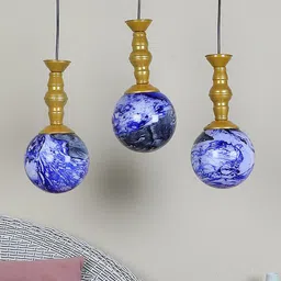 MFD HOME FURNISHING Gold Toned & Blue Textured Ceiling Lamp With 3 Light Shade-4
