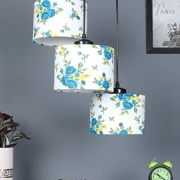 Devansh White & Blue Floral Printed Cotton Round Drum Cluster Hanging Lamp-26