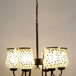 Devansh White & Black Mosaic Design Glass 6 Shades Chandelier-image-14