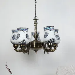 Devansh White & Gold-Toned Mosaic Design Glass 5 Lamp Shades Chandelier-53