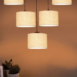 Devansh White Jute Round Drum Quintuple Hanging Pendant Lamp-20
