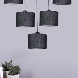 Devansh Black Jute Round Drum Quintuple Cluster Hanging Lamp-1