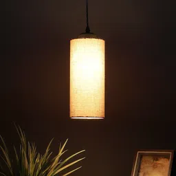 Devansh Grey Cylindrical Iron Hanging Lamp With Cotton Shade-36