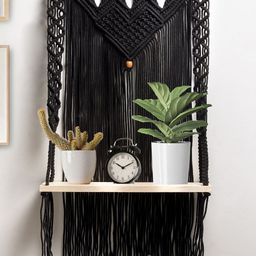 Decazone Black Macrame Woven Wooden Wall Hanging Shelf-45