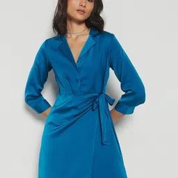 AND Lapel Collar Cuffed Sleeves Tie-Up Detailed A-Line Dress-92