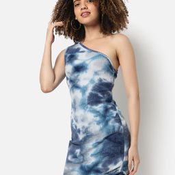 Campus Sutra Blue Tie and Dye Dyed One Shoulder Bodycon Mini Dress-10