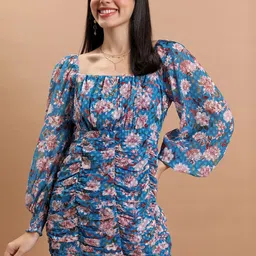Tokyo Talkies Blue & Brown Floral Print Bodycon Mini Dress-picture-18
