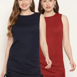 Miaz Lifestyle Navy Blue & Maroon Set of 2 Scuba Sheath Mini Dress-image-38