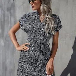 Kotty Black Abstract Printed V-Neck Extended Sleeves A-Line Dress-picture-1