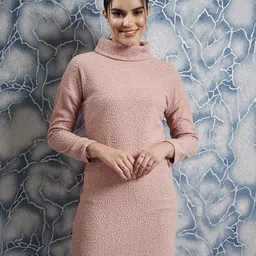 Athena Pink Self Design Turtle Neck Long Sleeves A-Line Dress-image-24