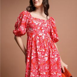 Tokyo Talkies Red & White Floral Printed Puff Sleeves Gathered Fit & Flare Mini Dress-image-23