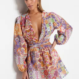 Trendyol Ethnic Motifs Print Puff Sleeve Fit & Flare Cotton Mini Dress-48