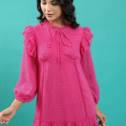 Tokyo Talkies Fuchsia Pink Self Design Tie-Up Neck A-Line Mini Dress-picture-1