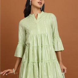 Vishudh Striped Mandarin Collar Bell Sleeves Gathered Detail A-Line Mini Dress-image-50