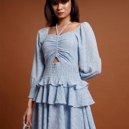 Tokyo Talkies Blue Self Design Cut Out Smocked Layered Fit & Flare Dress-12